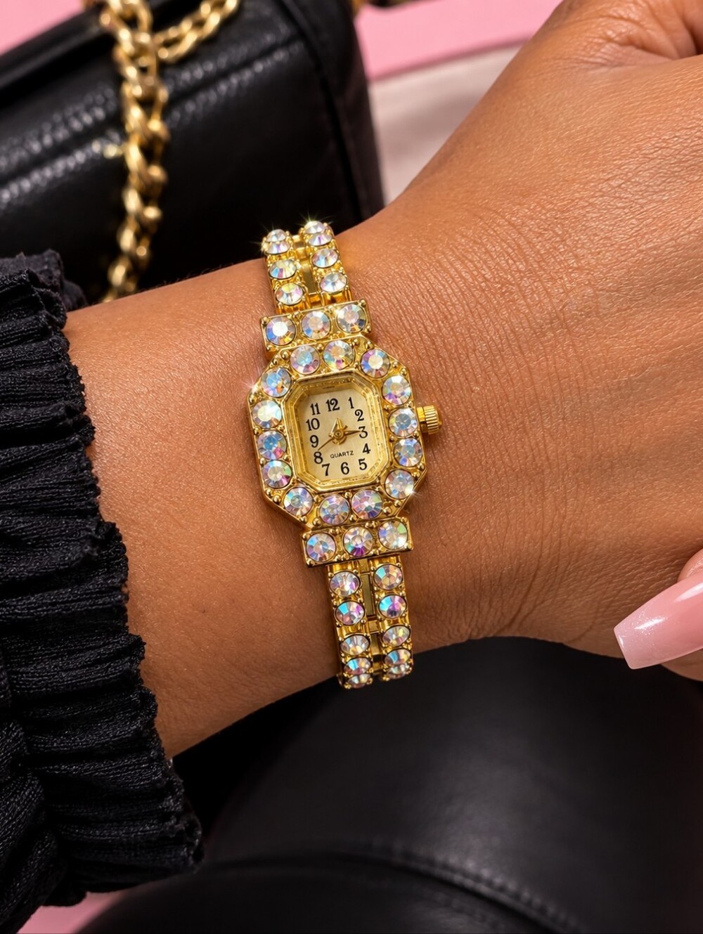 Vintage-Inspired Gold Rhinestone Crystal Statement Watch | Glam Bracelet Watch